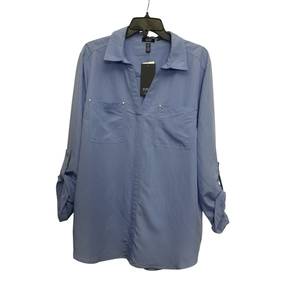 Jones New York Popover Blouse Size XL Blue Patch Pockets Roll Tab Sleeve NWT - Picture 1 of 6